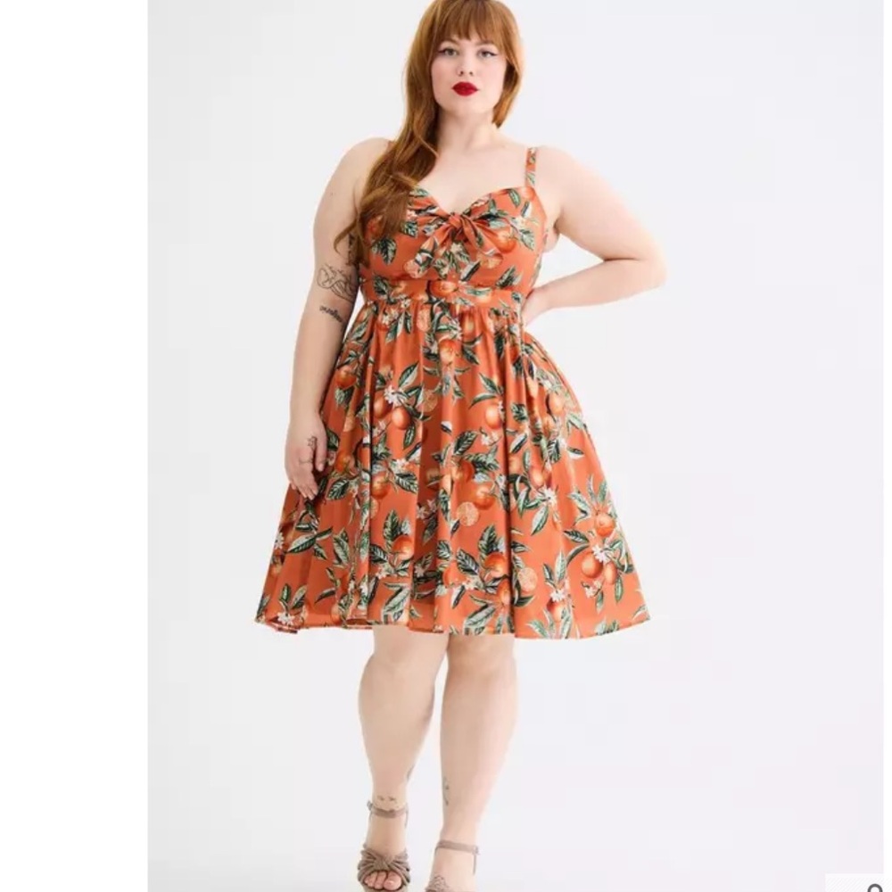 NWT TORRID Retro Chic Tie-Front Skater Dress - Orange Groves Apricot Orange - Picture 6 of 9